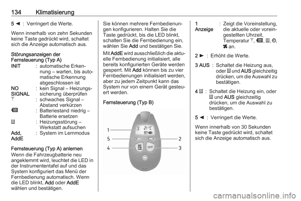 OPEL MOVANO_B 2018.5  Betriebsanleitung (in German) 134Klimatisierung5 k:Verringert die Werte.
Wenn innerhalb von zehn Sekunden
keine Taste gedrückt wird, schaltet
sich die Anzeige automatisch aus.
Störungsanzeigen der
Fernsteuerung (Typ A)
INIT:auto