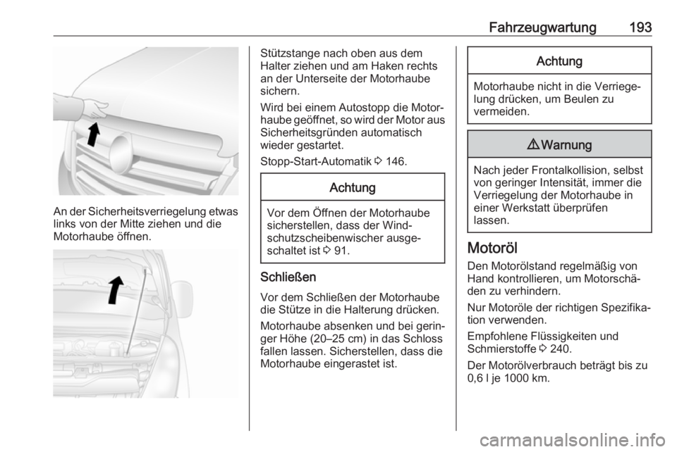OPEL MOVANO_B 2018.5  Betriebsanleitung (in German) Fahrzeugwartung193
An der Sicherheitsverriegelung etwaslinks von der Mitte ziehen und die
Motorhaube öffnen.
Stützstange nach oben aus dem
Halter ziehen und am Haken rechts an der Unterseite der Mot