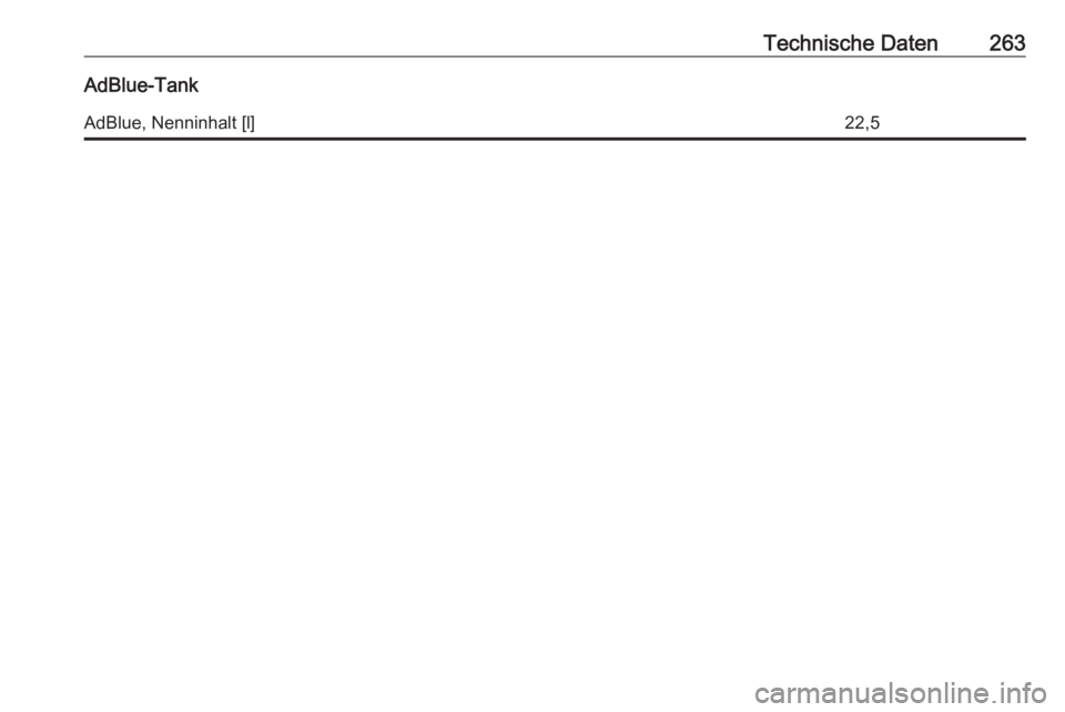 OPEL MOVANO_B 2018.5  Betriebsanleitung (in German) Technische Daten263AdBlue-TankAdBlue, Nenninhalt [l]22,5 