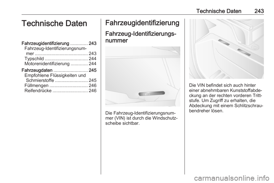 OPEL MOVANO_B 2019  Betriebsanleitung (in German) Technische Daten243Technische DatenFahrzeugidentifizierung.............243
Fahrzeug-Identifizierungsnum‐ mer ......................................... 243
Typschild .................................