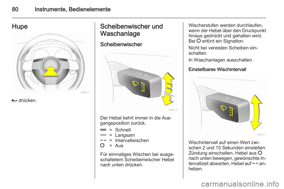 OPEL ZAFIRA B 2014  Betriebsanleitung (in German) 80Instrumente, BedienelementeHupe
j drücken.
Scheibenwischer und
Waschanlage
Scheibenwischer
Der Hebel kehrt immer in die Aus‐
gangsposition zurück.
&=Schnell%=Langsam$=Intervallwischen§=Aus
Für