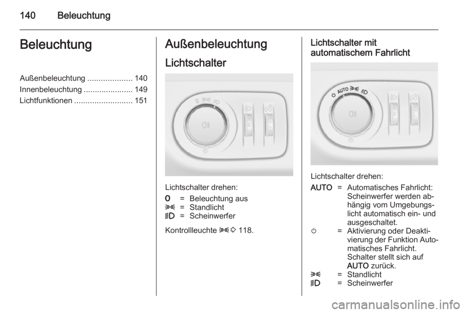 OPEL ZAFIRA C 2014.5  Betriebsanleitung (in German) 140BeleuchtungBeleuchtungAußenbeleuchtung....................140
Innenbeleuchtung ......................149
Lichtfunktionen .......................... 151Außenbeleuchtung
Lichtschalter
Lichtschalter