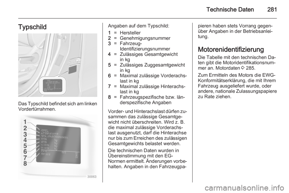 OPEL ZAFIRA C 2014.5  Betriebsanleitung (in German) Technische Daten281Typschild
Das Typschild befindet sich am linken
Vordertürrahmen.
Angaben auf dem Typschild:1=Hersteller2=Genehmigungsnummer3=Fahrzeug-
Identifizierungsnummer4=Zulässiges Gesamtgew