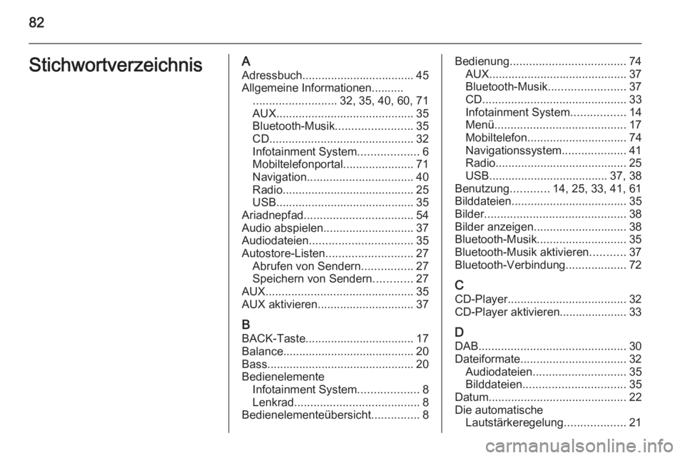 OPEL ZAFIRA C 2015.5 Infotainment-Handbuch (in German) 82StichwortverzeichnisAAdressbuch................................... 45Allgemeine Informationen.......... .......................... 32, 35, 40, 60, 71
AUX ........................................... OPEL ZAFIRA C 2015.5 Infotainment-Handbuch (in German) 82StichwortverzeichnisAAdressbuch................................... 45Allgemeine Informationen.......... .......................... 32, 35, 40, 60, 71
AUX ...........................................
