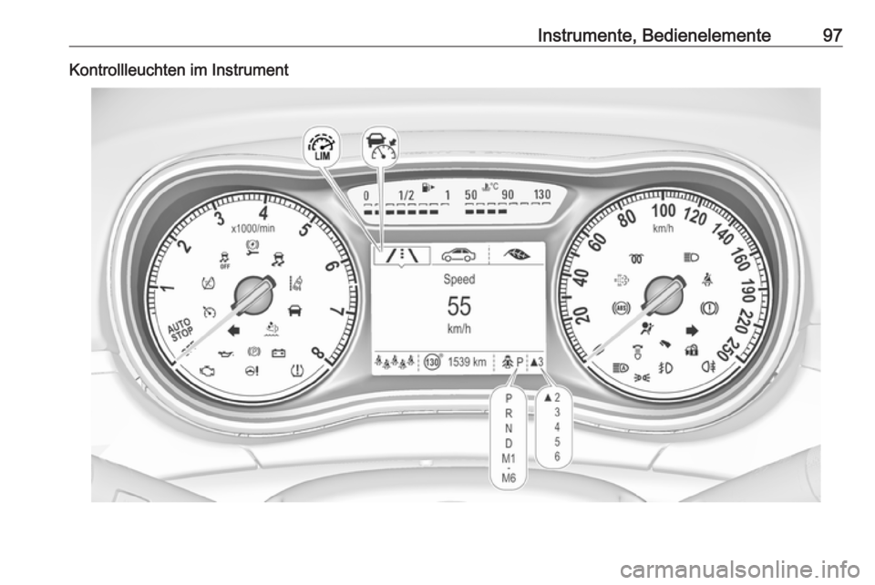 OPEL ZAFIRA C 2019  Betriebsanleitung (in German) Instrumente, Bedienelemente97Kontrollleuchten im Instrument 