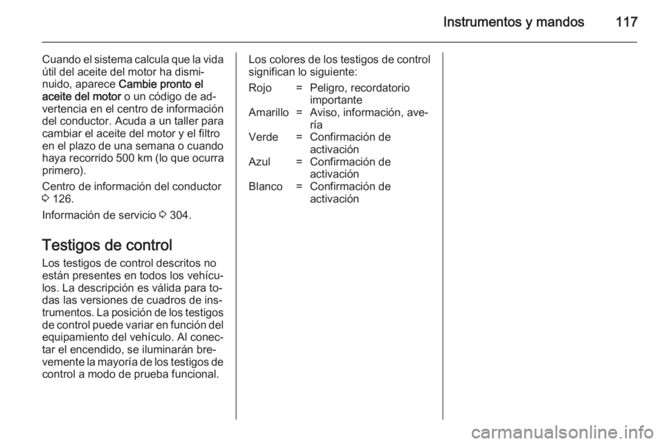 OPEL ASTRA J 2014.5  Manual de Instrucciones (in Spanish) Instrumentos y mandos117
Cuando el sistema calcula que la vidaútil del aceite del motor ha dismi‐
nuido, aparece  Cambie pronto el
aceite del motor  o un código de ad‐
vertencia en el centro de 