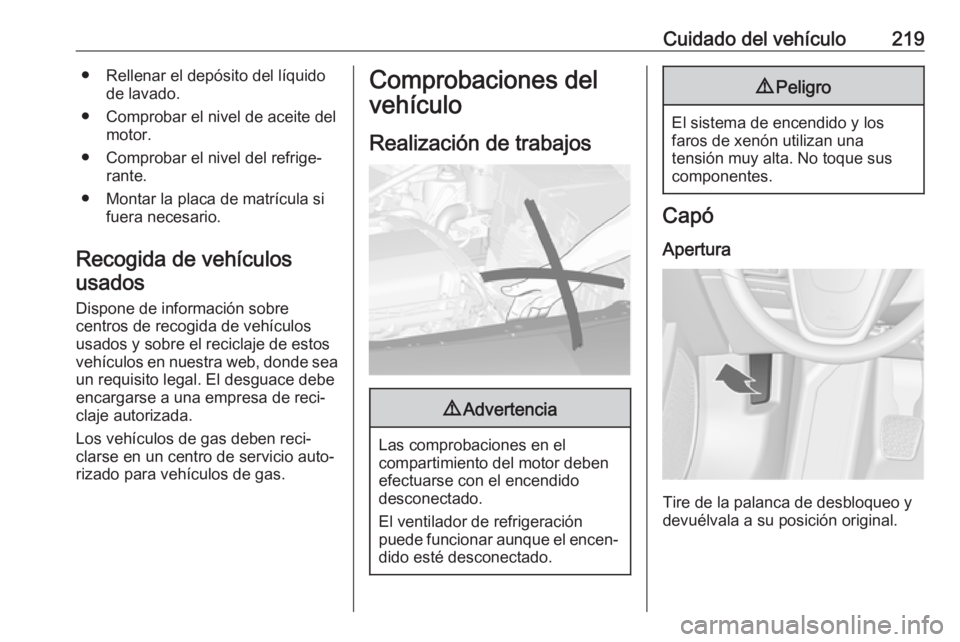 OPEL ASTRA J 2018.5  Manual de Instrucciones (in Spanish) Cuidado del vehículo219● Rellenar el depósito del líquidode lavado.
● Comprobar el nivel de aceite del motor.
● Comprobar el nivel del refrige‐ rante.
● Montar la placa de matrícula si f