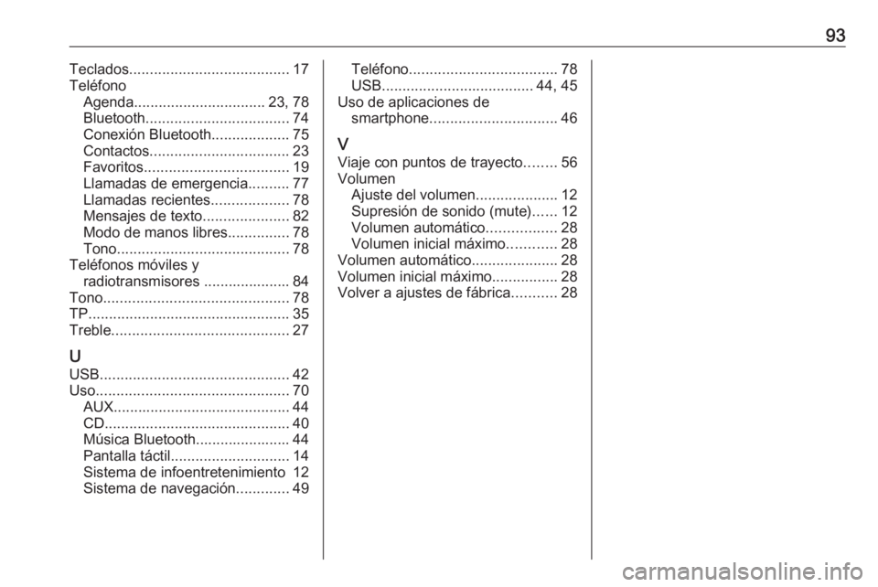 OPEL ASTRA K 2016  Manual de infoentretenimiento (in Spanish) 93Teclados....................................... 17
Teléfono Agenda ................................ 23, 78
Bluetooth ................................... 74
Conexión Bluetooth ...................75