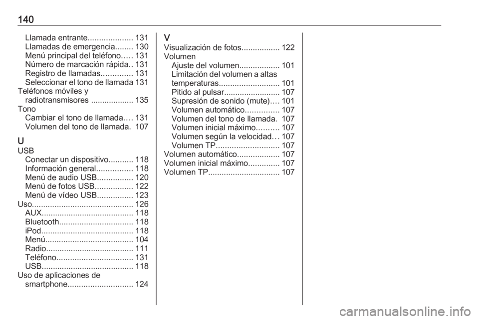 OPEL ASTRA K 2016.5  Manual de infoentretenimiento (in Spanish) 140Llamada entrante....................131
Llamadas de emergencia ........130
Menú principal del teléfono .....131
Número de marcación rápida ..131
Registro de llamadas ..............131
Seleccio