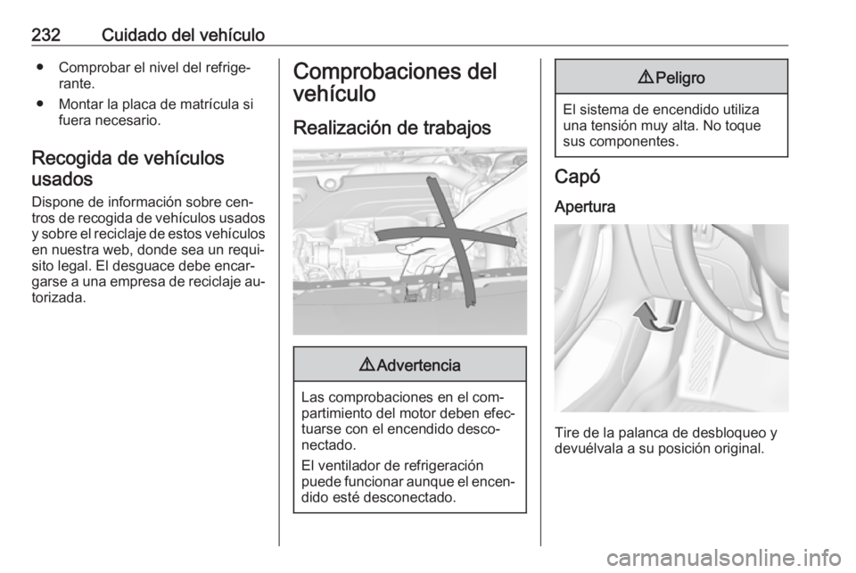 OPEL ASTRA K 2016.5  Manual de Instrucciones (in Spanish) 232Cuidado del vehículo● Comprobar el nivel del refrige‐rante.
● Montar la placa de matrícula si fuera necesario.
Recogida de vehículos usados
Dispone de información sobre cen‐
tros de rec