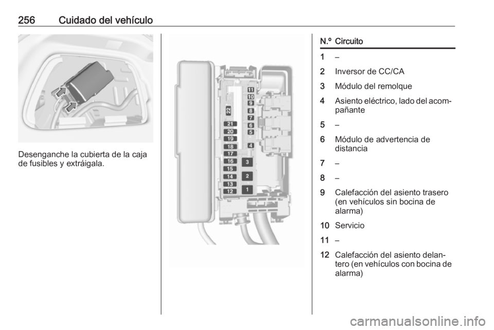 OPEL ASTRA K 2016.5  Manual de Instrucciones (in Spanish) 256Cuidado del vehículo
Desenganche la cubierta de la caja
de fusibles y extráigala.
N.ºCircuito1–2Inversor de CC/CA3Módulo del remolque4Asiento eléctrico, lado del acom‐ pañante5–6Módulo