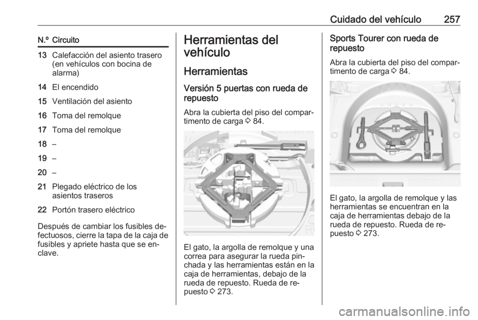 OPEL ASTRA K 2016.5  Manual de Instrucciones (in Spanish) Cuidado del vehículo257N.ºCircuito13Calefacción del asiento trasero
(en vehículos con bocina de
alarma)14El encendido15Ventilación del asiento16Toma del remolque17Toma del remolque18–19–20–