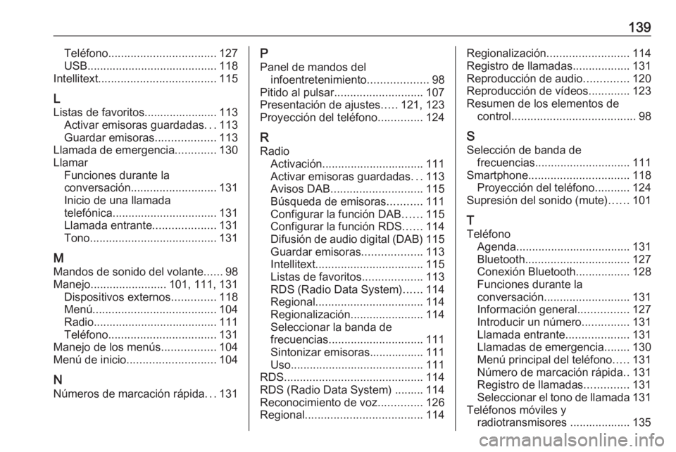 OPEL ASTRA K 2017.5  Manual de infoentretenimiento (in Spanish) 139Teléfono.................................. 127
USB ......................................... 118
Intellitext ..................................... 115
L
Listas de favoritos....................... 