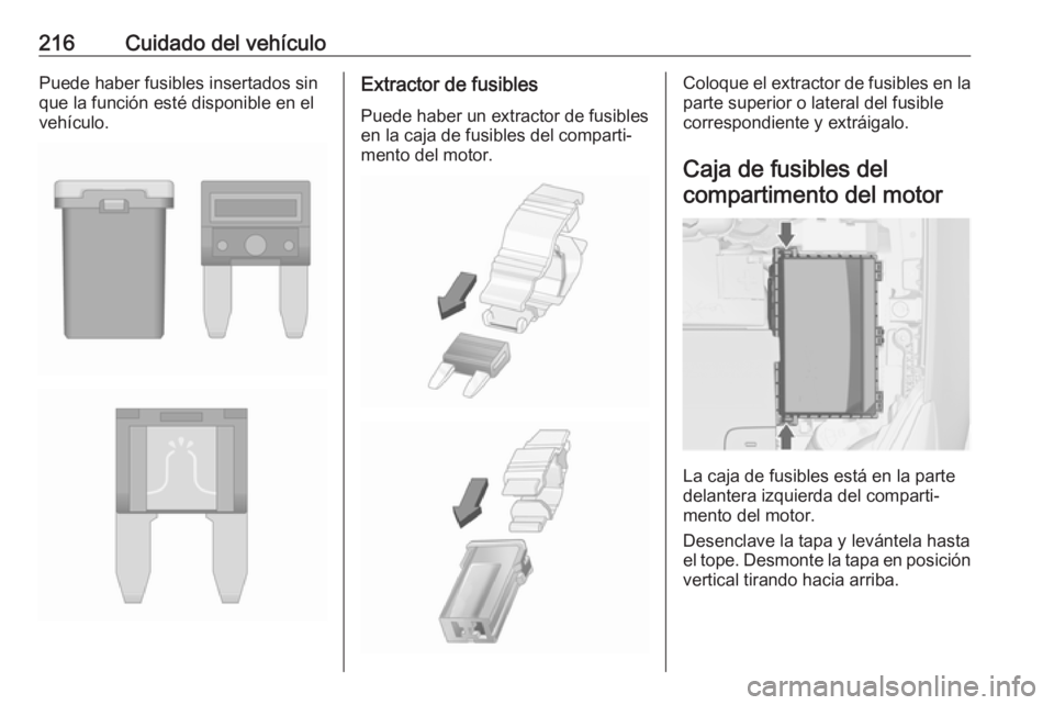 OPEL CASCADA 2017  Manual de Instrucciones (in Spanish) 216Cuidado del vehículoPuede haber fusibles insertados sin
que la función esté disponible en el
vehículo.Extractor de fusibles
Puede haber un extractor de fusibles
en la caja de fusibles del compa