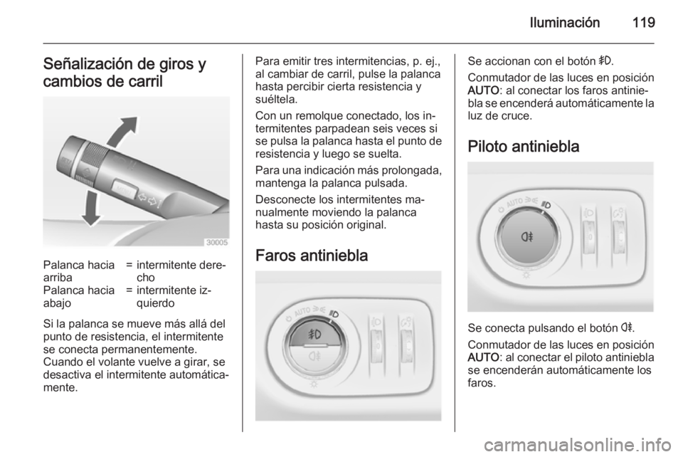 OPEL CORSA 2015  Manual de Instrucciones (in Spanish) Iluminación119Señalización de giros y
cambios de carrilPalanca hacia
arriba=intermitente dere‐
choPalanca hacia
abajo=intermitente iz‐
quierdo
Si la palanca se mueve más allá del
punto de res