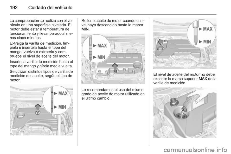 OPEL CORSA 2015  Manual de Instrucciones (in Spanish) 192Cuidado del vehículo
La comprobación se realiza con el ve‐
hículo en una superficie nivelada. El
motor debe estar a temperatura de
funcionamiento y llevar parado al me‐ nos cinco minutos.
Ex