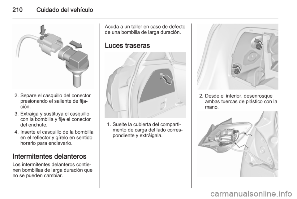 OPEL CORSA 2015.75  Manual de Instrucciones (in Spanish) 210Cuidado del vehículo
2. Separe el casquillo del conectorpresionando el saliente de fija‐
ción.
3. Extraiga y sustituya el casquillo con la bombilla y fije el conector
del enchufe.
4. Inserte el