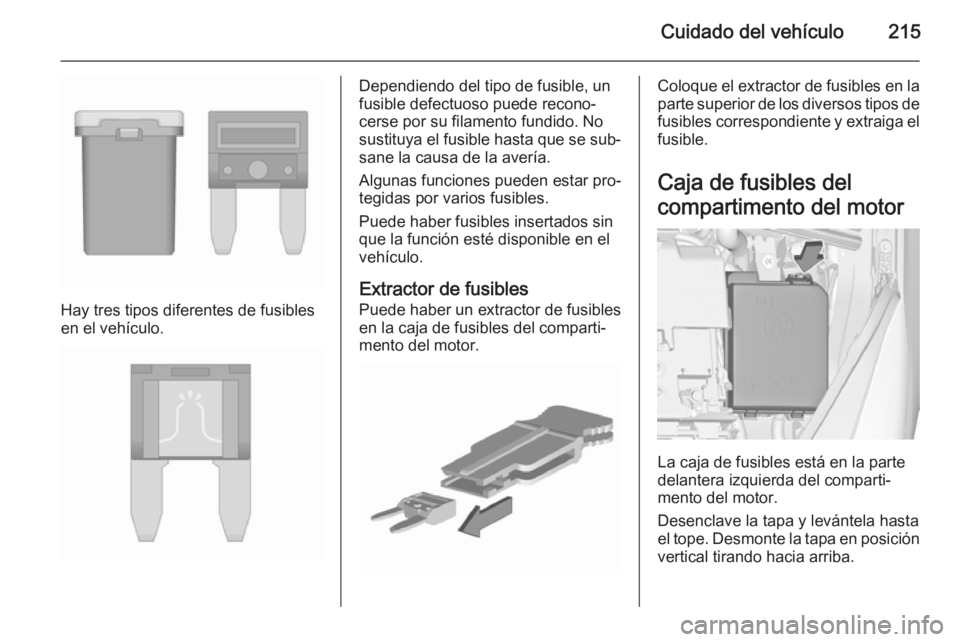 OPEL CORSA 2015.75  Manual de Instrucciones (in Spanish) Cuidado del vehículo215
Hay tres tipos diferentes de fusibles
en el vehículo.
Dependiendo del tipo de fusible, un
fusible defectuoso puede recono‐
cerse por su filamento fundido. No sustituya el f