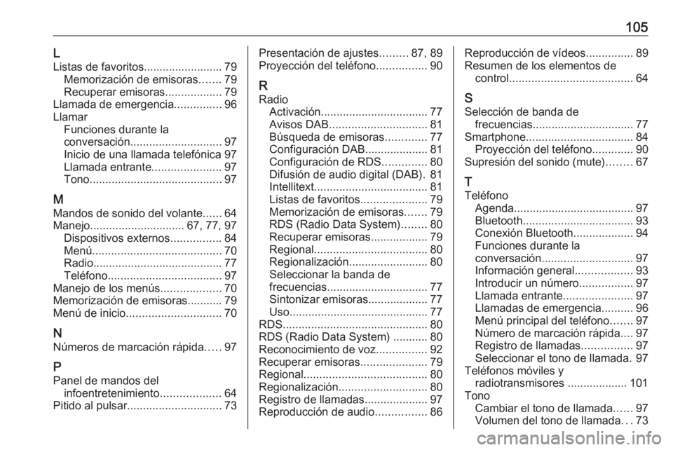 OPEL CROSSLAND X 2018 Manual de infoentretenimiento (in Spanish) 105LListas de favoritos......................... 79 Memorización de emisoras .......79
Recuperar emisoras ..................79
Llamada de emergencia ...............96
Llamar Funciones durante la
conv OPEL CROSSLAND X 2018 Manual de infoentretenimiento (in Spanish) 105LListas de favoritos......................... 79 Memorización de emisoras .......79
Recuperar emisoras ..................79
Llamada de emergencia ...............96
Llamar Funciones durante la
conv