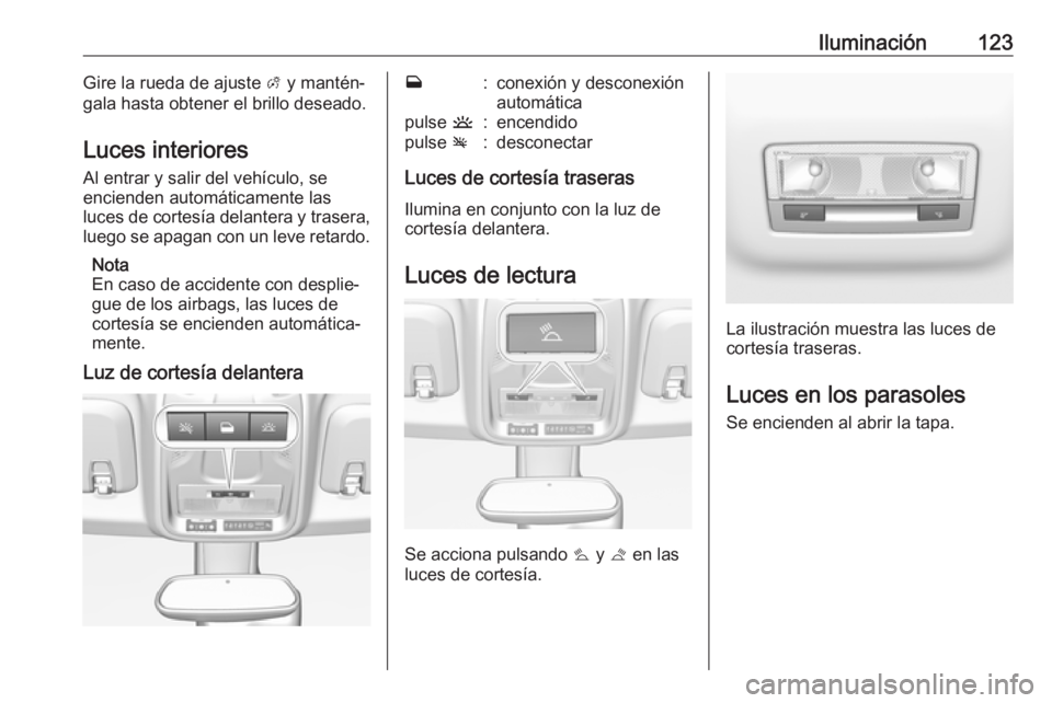 OPEL CROSSLAND X 2019  Manual de Instrucciones (in Spanish) Iluminación123Gire la rueda de ajuste A y mantén‐
gala hasta obtener el brillo deseado.
Luces interiores
Al entrar y salir del vehículo, se
encienden automáticamente las
luces de cortesía delan