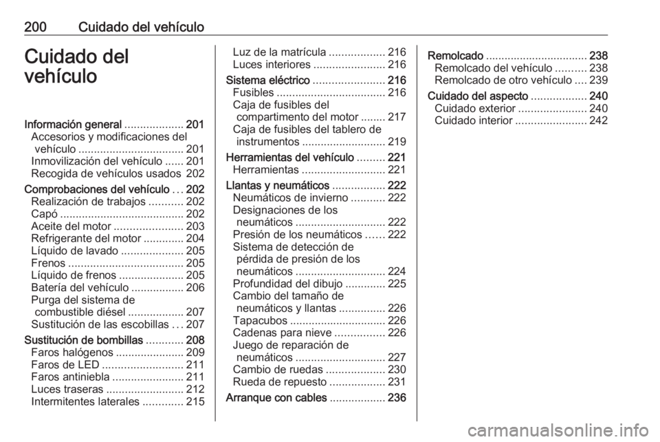 OPEL CROSSLAND X 2019 Manual de Instrucciones (in Spanish) 200Cuidado del vehículoCuidado del
vehículoInformación general ...................201
Accesorios y modificaciones del vehículo .................................. 201
Inmovilización del vehículo OPEL CROSSLAND X 2019 Manual de Instrucciones (in Spanish) 200Cuidado del vehículoCuidado del
vehículoInformación general ...................201
Accesorios y modificaciones del vehículo .................................. 201
Inmovilización del vehículo