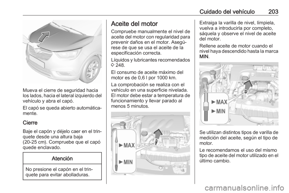 OPEL CROSSLAND X 2019 Manual de Instrucciones (in Spanish) Cuidado del vehículo203
Mueva el cierre de seguridad hacia
los lados, hacia el lateral izquierdo del
vehículo y abra el capó.
El capó se queda abierto automática‐
mente.
Cierre
Baje el capón y OPEL CROSSLAND X 2019 Manual de Instrucciones (in Spanish) Cuidado del vehículo203
Mueva el cierre de seguridad hacia
los lados, hacia el lateral izquierdo del
vehículo y abra el capó.
El capó se queda abierto automática‐
mente.
Cierre
Baje el capón y