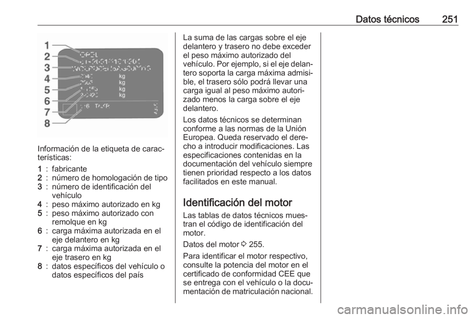OPEL CROSSLAND X 2019 Manual de Instrucciones (in Spanish) Datos técnicos251
Información de la etiqueta de carac‐
terísticas:
1:fabricante2:número de homologación de tipo3:número de identificación del
vehículo4:peso máximo autorizado en kg5:peso m OPEL CROSSLAND X 2019 Manual de Instrucciones (in Spanish) Datos técnicos251
Información de la etiqueta de carac‐
terísticas:
1:fabricante2:número de homologación de tipo3:número de identificación del
vehículo4:peso máximo autorizado en kg5:peso m