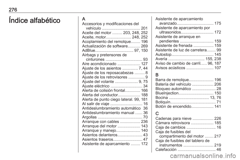 OPEL CROSSLAND X 2019 Manual de Instrucciones (in Spanish) 276Índice alfabéticoAAccesorios y modificaciones del vehículo .................................. 201
Aceite del motor ........203, 248, 252
Aceite, motor ...................... 248, 252
Acoplamie OPEL CROSSLAND X 2019 Manual de Instrucciones (in Spanish) 276Índice alfabéticoAAccesorios y modificaciones del vehículo .................................. 201
Aceite del motor ........203, 248, 252
Aceite, motor ...................... 248, 252
Acoplamie