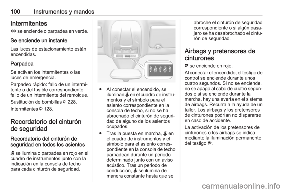 OPEL GRANDLAND X 2018  Manual de Instrucciones (in Spanish) 100Instrumentos y mandosIntermitentes
O  se enciende o parpadea en verde.
Se enciende un instante Las luces de estacionamiento están
encendidas.
Parpadea
Se activan los intermitentes o las
luces de e