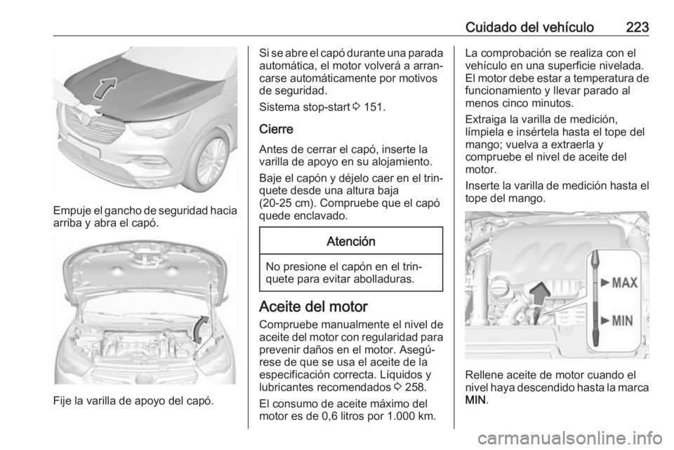 OPEL GRANDLAND X 2018  Manual de Instrucciones (in Spanish) Cuidado del vehículo223
Empuje el gancho de seguridad haciaarriba y abra el capó.
Fije la varilla de apoyo del capó.
Si se abre el capó durante una parada
automática, el motor volverá a arran‐