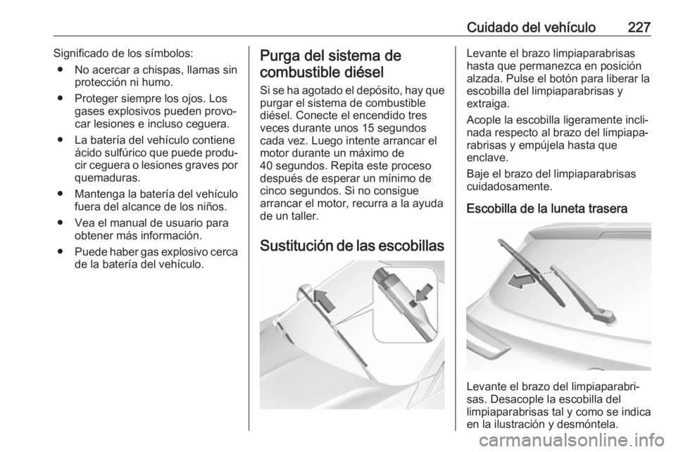 OPEL GRANDLAND X 2018  Manual de Instrucciones (in Spanish) Cuidado del vehículo227Significado de los símbolos:● No acercar a chispas, llamas sin protección ni humo.
● Proteger siempre los ojos. Los gases explosivos pueden provo‐
car lesiones e inclus
