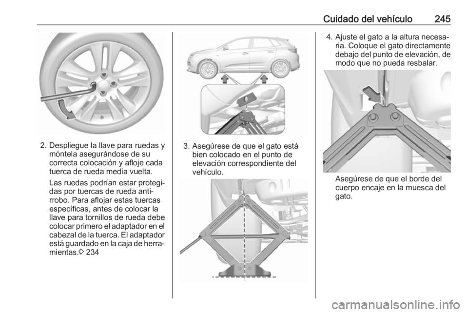 OPEL GRANDLAND X 2018  Manual de Instrucciones (in Spanish) Cuidado del vehículo245
2. Despliegue la llave para ruedas ymóntela asegurándose de su
correcta colocación y afloje cada
tuerca de rueda media vuelta.
Las ruedas podrían estar protegi‐
das por 