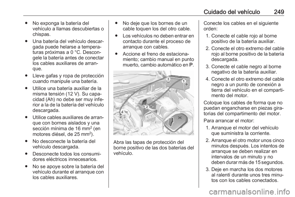 OPEL GRANDLAND X 2018  Manual de Instrucciones (in Spanish) Cuidado del vehículo249● No exponga la batería delvehículo a llamas descubiertas ochispas.
● Una batería del vehículo descar‐ gada puede helarse a tempera‐
turas próximas a 0 °C. Descon