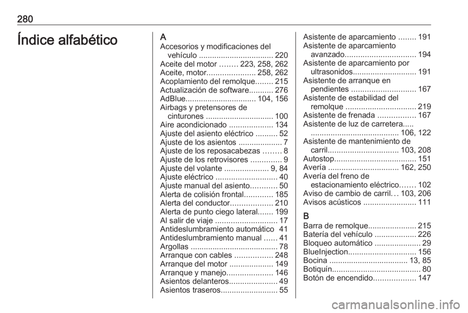 OPEL GRANDLAND X 2018  Manual de Instrucciones (in Spanish) 280Índice alfabéticoAAccesorios y modificaciones del vehículo  .................................. 220
Aceite del motor  ........223, 258, 262
Aceite, motor ...................... 258, 262
Acoplamie