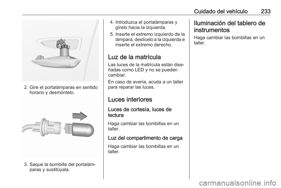OPEL GRANDLAND X 2018.5  Manual de Instrucciones (in Spanish) Cuidado del vehículo233
2. Gire el portalámparas en sentidohorario y desmóntelo.
3. Saque la bombilla del portalám‐paras y sustitúyala.
4. Introduzca el portalámparas ygírelo hacia la izquier
