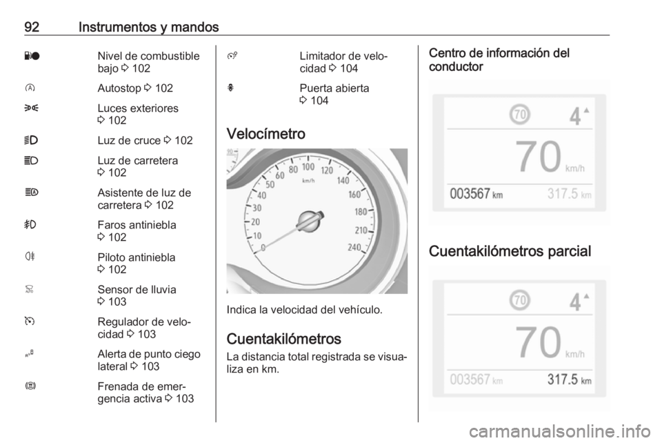 OPEL GRANDLAND X 2019.75  Manual de Instrucciones (in Spanish) 92Instrumentos y mandosYoNivel de combustible
bajo  3 102DAutostop  3 1028Luces exteriores
3  1029Luz de cruce  3 102CLuz de carretera
3  102fAsistente de luz de
carretera  3 102>Faros antiniebla
3  1