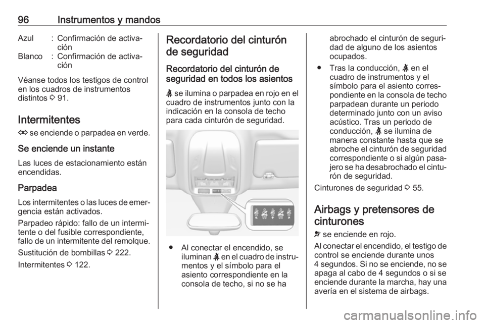 OPEL GRANDLAND X 2019.75  Manual de Instrucciones (in Spanish) 96Instrumentos y mandosAzul:Confirmación de activa‐
ciónBlanco:Confirmación de activa‐
ción
Véanse todos los testigos de control en los cuadros de instrumentos
distintos  3 91.
Intermitentes 