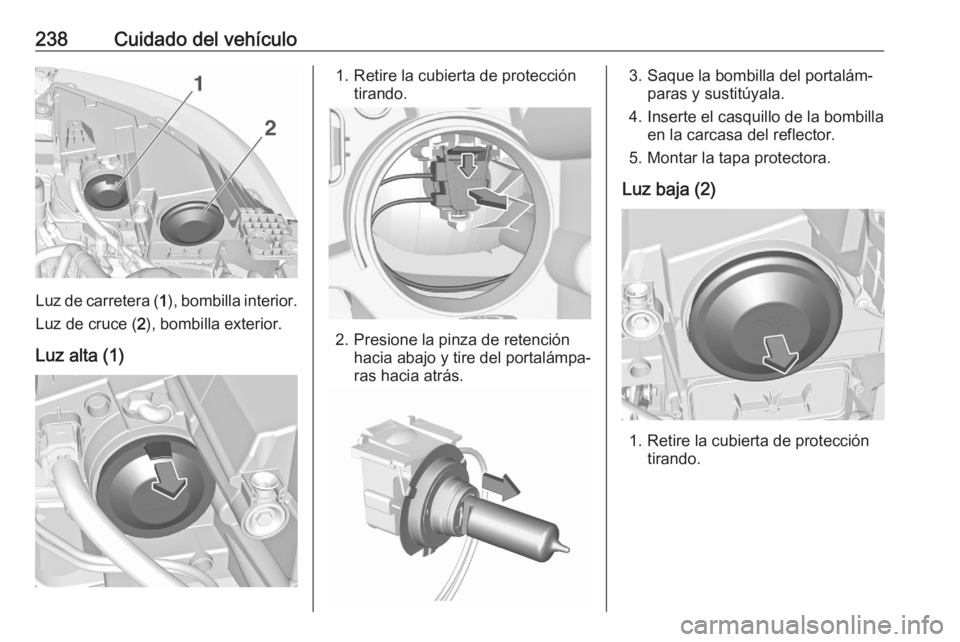 OPEL GRANDLAND X 2020  Manual de Instrucciones (in Spanish) 238Cuidado del vehículo
Luz de carretera (1), bombilla interior.
Luz de cruce ( 2), bombilla exterior.
Luz alta (1)
1. Retire la cubierta de protección tirando.
2. Presione la pinza de retenciónhac
