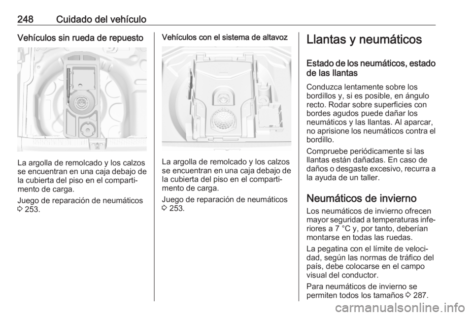 OPEL GRANDLAND X 2020  Manual de Instrucciones (in Spanish) 248Cuidado del vehículoVehículos sin rueda de repuesto
La argolla de remolcado y los calzos
se encuentran en una caja debajo de la cubierta del piso en el comparti‐
mento de carga.
Juego de repara