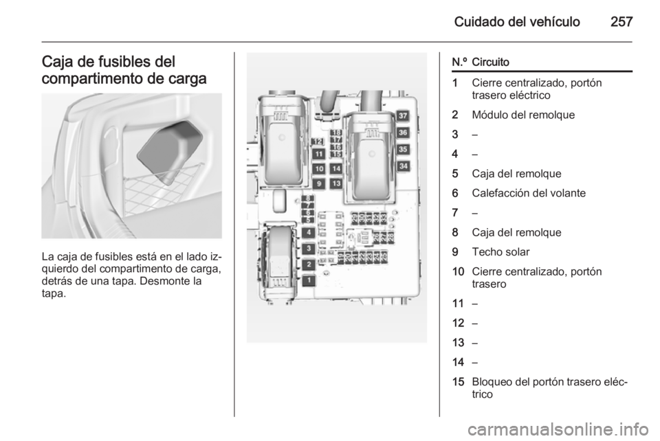 OPEL INSIGNIA 2014  Manual de Instrucciones (in Spanish) Cuidado del vehículo257Caja de fusibles del
compartimento de carga
La caja de fusibles está en el lado iz‐
quierdo del compartimento de carga,
detrás de una tapa. Desmonte la
tapa.
N.ºCircuito1C