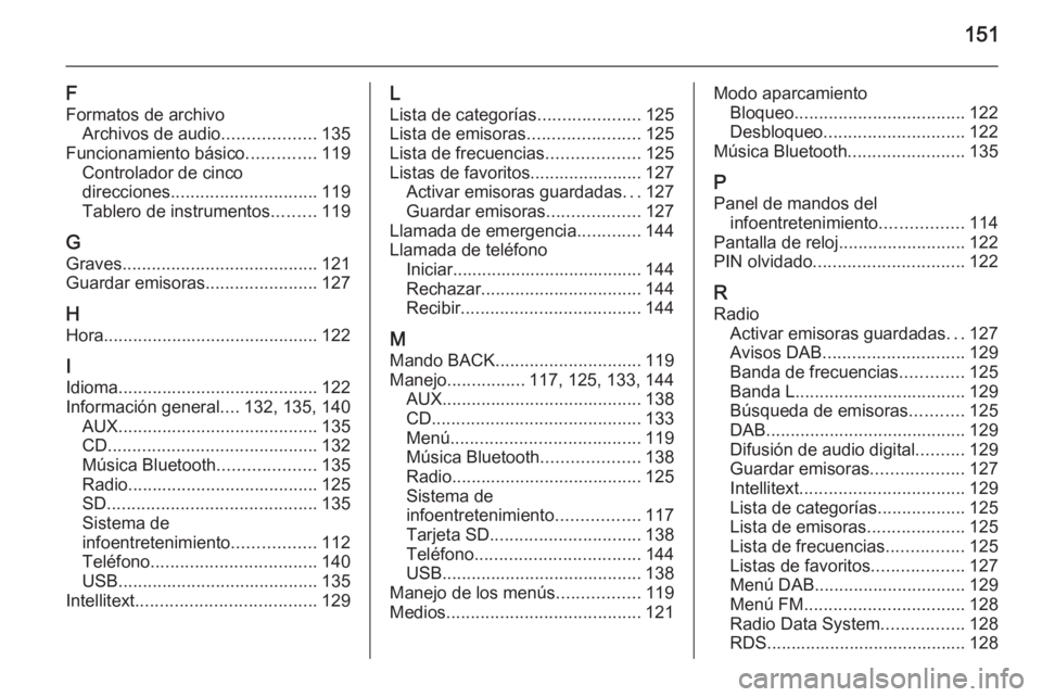 OPEL INSIGNIA 2014.5  Manual de infoentretenimiento (in Spanish) 151
F
Formatos de archivo Archivos de audio ...................135
Funcionamiento básico ..............119
Controlador de cinco
direcciones .............................. 119
Tablero de instrumentos 