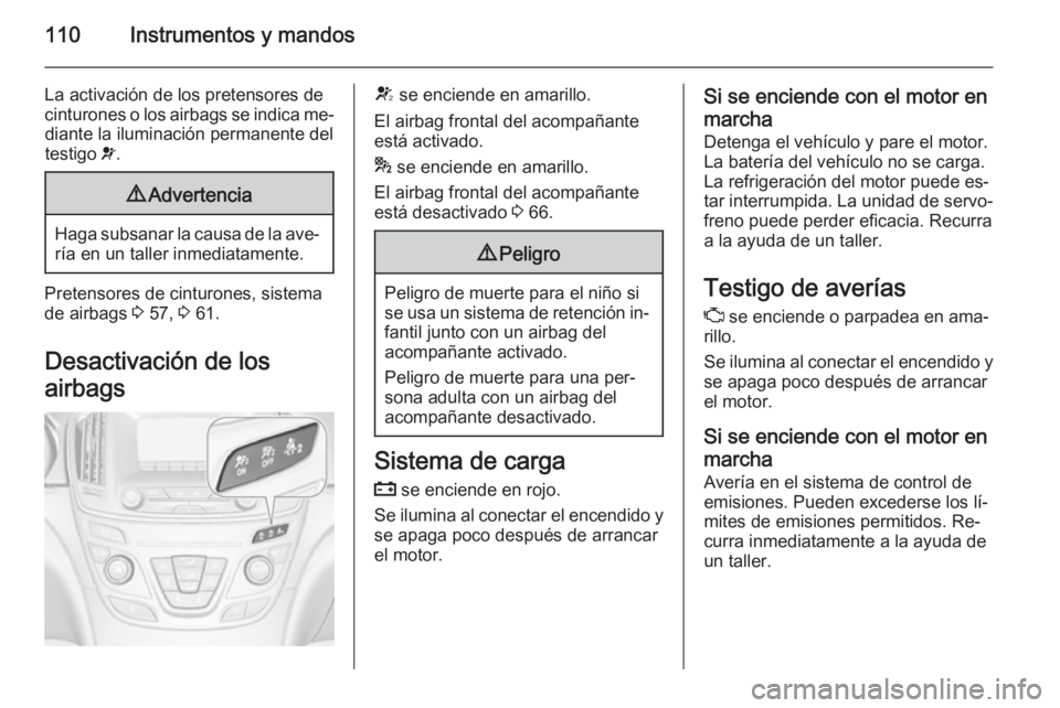 OPEL INSIGNIA 2015  Manual de Instrucciones (in Spanish) 110Instrumentos y mandos
La activación de los pretensores de
cinturones o los airbags se indica me‐ diante la iluminación permanente del
testigo  v.9 Advertencia
Haga subsanar la causa de la ave