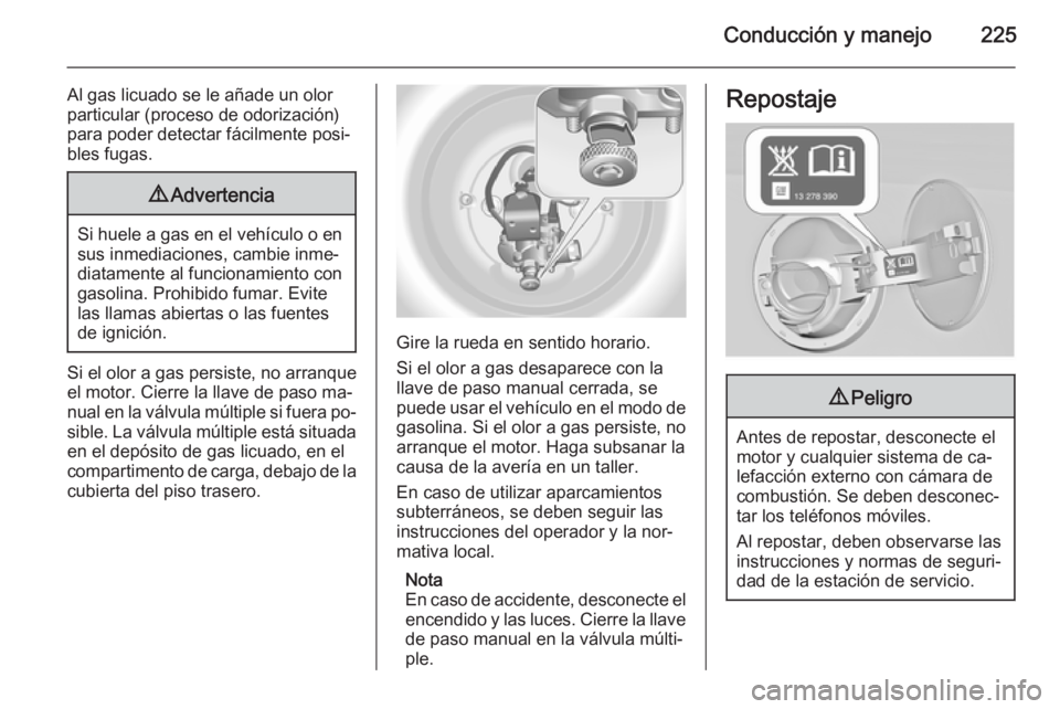 OPEL INSIGNIA 2015  Manual de Instrucciones (in Spanish) Conducción y manejo225
Al gas licuado se le añade un olor
particular (proceso de odorización) para poder detectar fácilmente posi‐
bles fugas.9 Advertencia
Si huele a gas en el vehículo o en
su