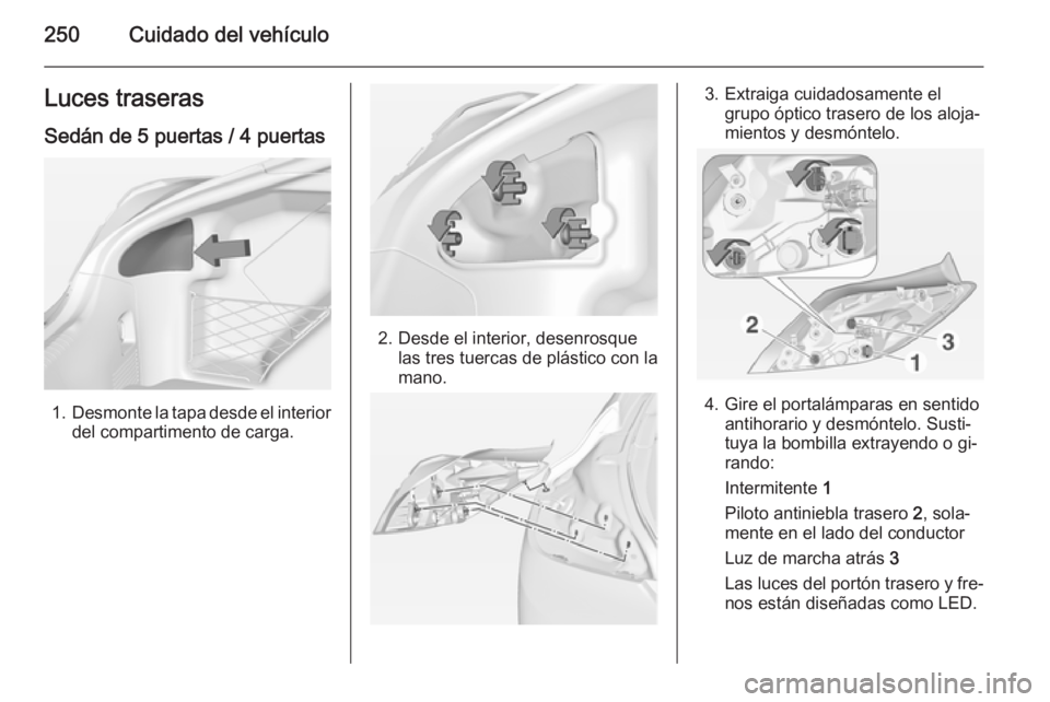 OPEL INSIGNIA 2015  Manual de Instrucciones (in Spanish) 250Cuidado del vehículoLuces traseras
Sedán de 5 puertas / 4 puertas
1. Desmonte la tapa desde el interior
del compartimento de carga.
2. Desde el interior, desenrosque las tres tuercas de plástico