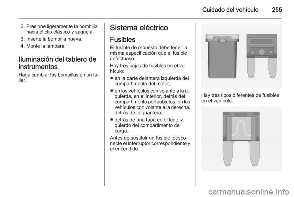 OPEL INSIGNIA 2015  Manual de Instrucciones (in Spanish) Cuidado del vehículo255
2. Presione ligeramente la bombillahacia el clip elástico y sáquela.
3. Inserte la bombilla nueva.
4. Monte la lámpara.
Iluminación del tablero de instrumentos
Haga cambia