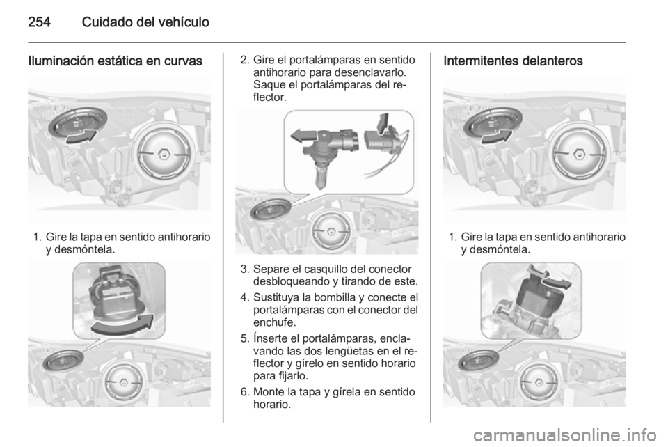 OPEL INSIGNIA 2015.5  Manual de Instrucciones (in Spanish) 254Cuidado del vehículo
Iluminación estática en curvas
1.Gire la tapa en sentido antihorario
y desmóntela.
2. Gire el portalámparas en sentido antihorario para desenclavarlo.
Saque el portalámpa