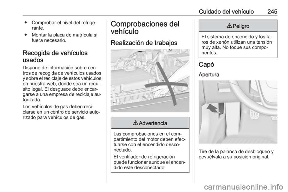 OPEL INSIGNIA 2016  Manual de Instrucciones (in Spanish) Cuidado del vehículo245● Comprobar el nivel del refrige‐rante.
● Montar la placa de matrícula si fuera necesario.
Recogida de vehículos usados
Dispone de información sobre cen‐
tros de rec