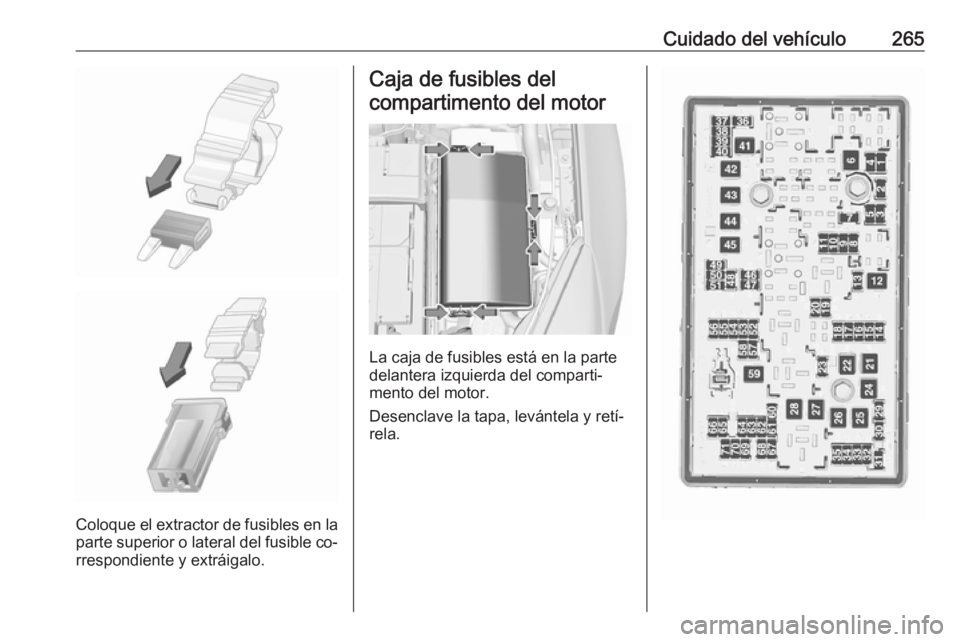 OPEL INSIGNIA 2016  Manual de Instrucciones (in Spanish) Cuidado del vehículo265
Coloque el extractor de fusibles en la
parte superior o lateral del fusible co‐
rrespondiente y extráigalo.
Caja de fusibles del
compartimento del motor
La caja de fusibles