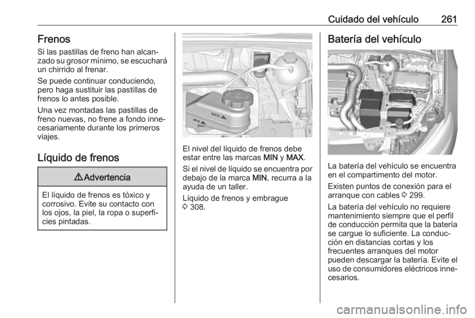 OPEL INSIGNIA BREAK 2019.5 Manual de Instrucciones (in Spanish) Cuidado del vehículo261FrenosSi las pastillas de freno han alcan‐zado su grosor mínimo, se escuchará
un chirrido al frenar.
Se puede continuar conduciendo,
pero haga sustituir las pastillas de
fr OPEL INSIGNIA BREAK 2019.5 Manual de Instrucciones (in Spanish) Cuidado del vehículo261FrenosSi las pastillas de freno han alcan‐zado su grosor mínimo, se escuchará
un chirrido al frenar.
Se puede continuar conduciendo,
pero haga sustituir las pastillas de
fr