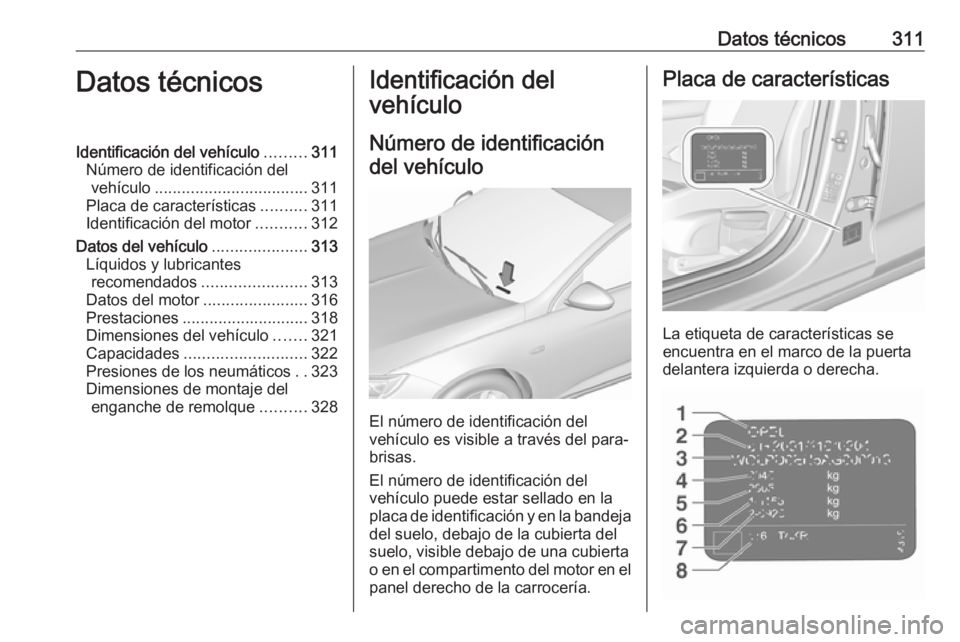 OPEL INSIGNIA BREAK 2019.5  Manual de Instrucciones (in Spanish) Datos técnicos311Datos técnicosIdentificación del vehículo.........311
Número de identificación del vehículo .................................. 311
Placa de características ..........311
Ident